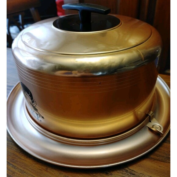 VTG 50s West Bend Rosey Copper Colored Metal locking Cake Carrier 14.5" dia. - Picture 3 of 16